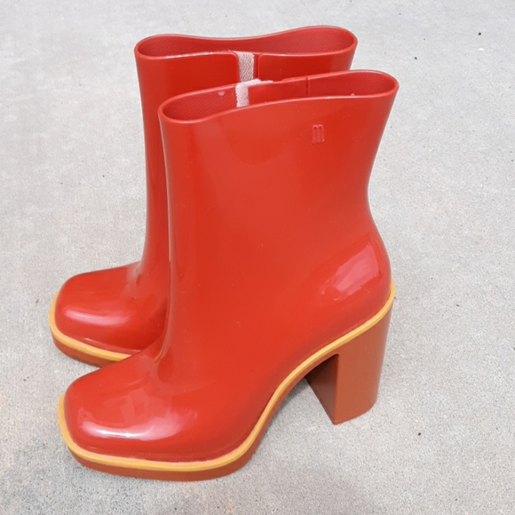Melissa Sz 6 Plastic Orange Chunky Heel Boots - Picture 1 of 16
